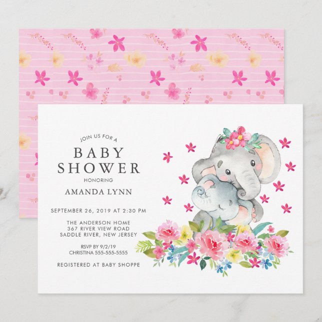 Strömbrytare Mamma Baby Elephant Flicka Inbjudningar (Fram/baksida)