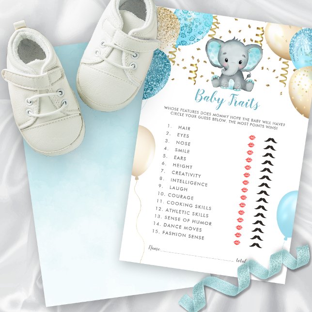 Strömfärgsspel för Elephant Baby Trawer Game (Watercolor Turquoise Elephant Baby Traits Shower Game)