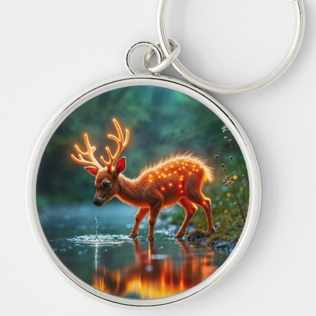 Strömmen Gloserande hjort magi-skog Rund Silverfärgad Nyckelring (Framsidan)