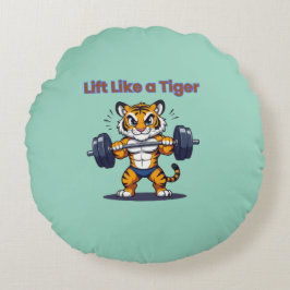 **Strong Tiger – Cute Tiger Lifting Weights Illust Rund Kudde