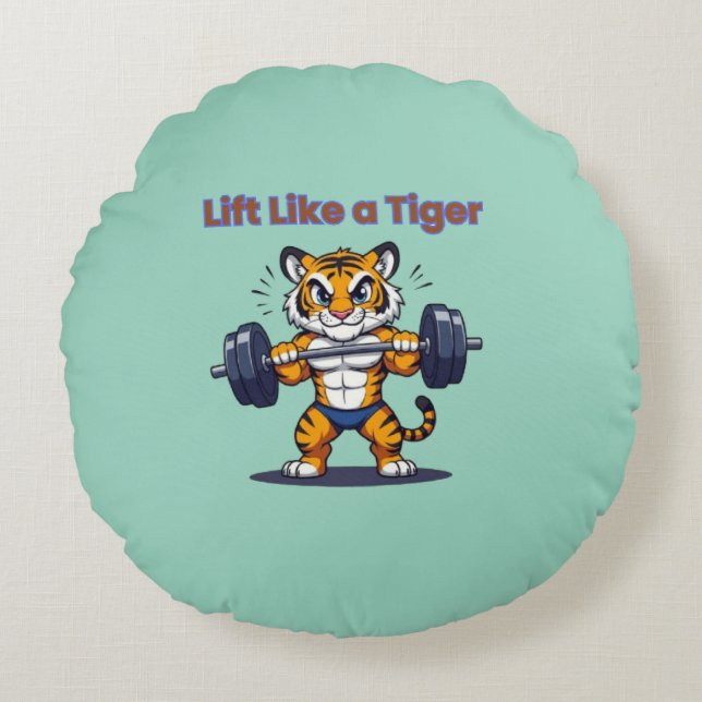 **Strong Tiger – Cute Tiger Lifting Weights Illust Rund Kudde (Framsidan)