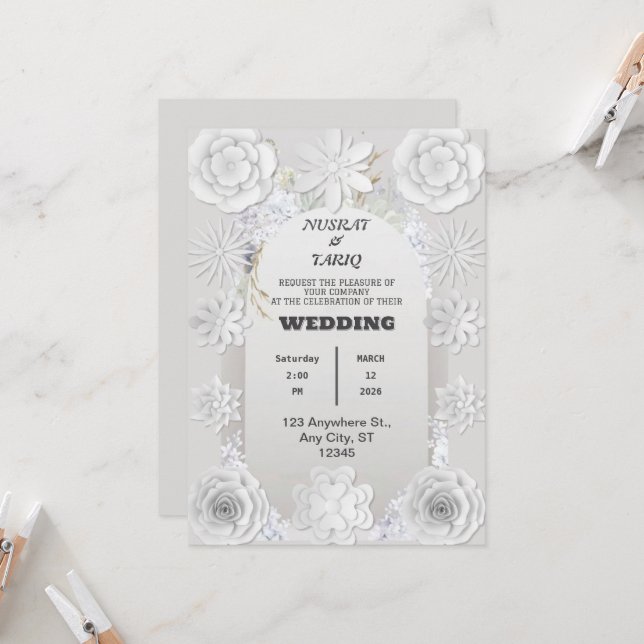 Struktur Blommigt Nikah Islamiska bröllopsinbjudan Inbjudningar (Fram/Back In Situ)