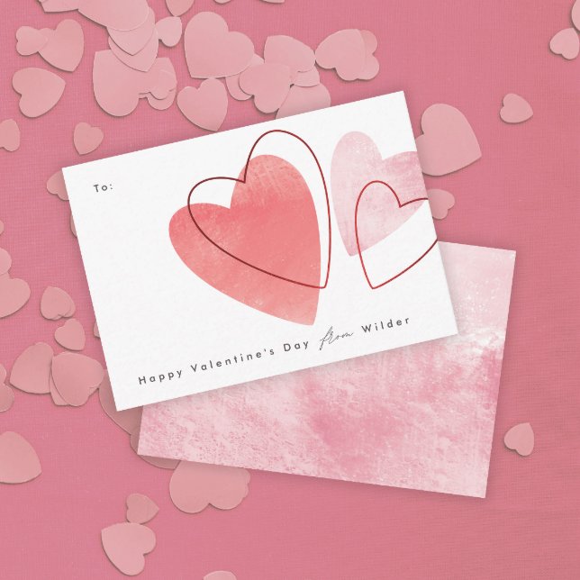 Strukturerade Hjärtan Klassrumsvalentin Kort (A kids classroom Valentine's Day card with hand drawn hearts in red and pink tones.)