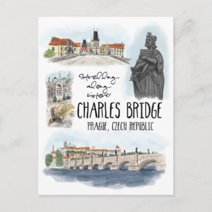 Strullande av Charles Bridge Prag - vykort
