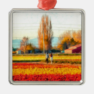 Strullande genom Guld och Red Tulip Fält Julgransprydnad Metall