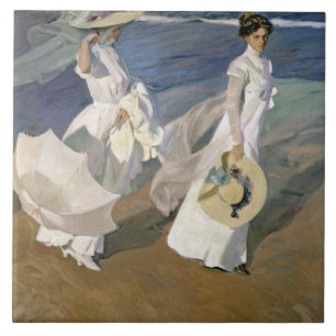Strullande längs Seashore, 1909 Kakelplatta