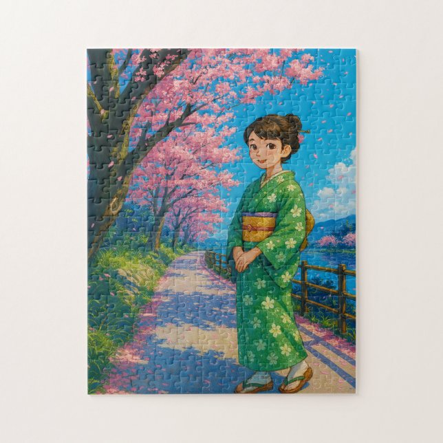 Strullande under Cherry Blommars - Japanska Kimono Pussel (Vertikal)