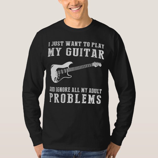 Strumming Stressar: Vuxen Guitar Escape Woes Te T Shirt (Framsida)