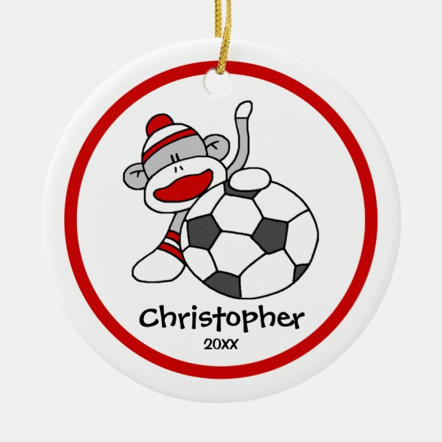 Strumpa apa fotboll Pojke"s julgransprydnad Keramik (Framsidan)