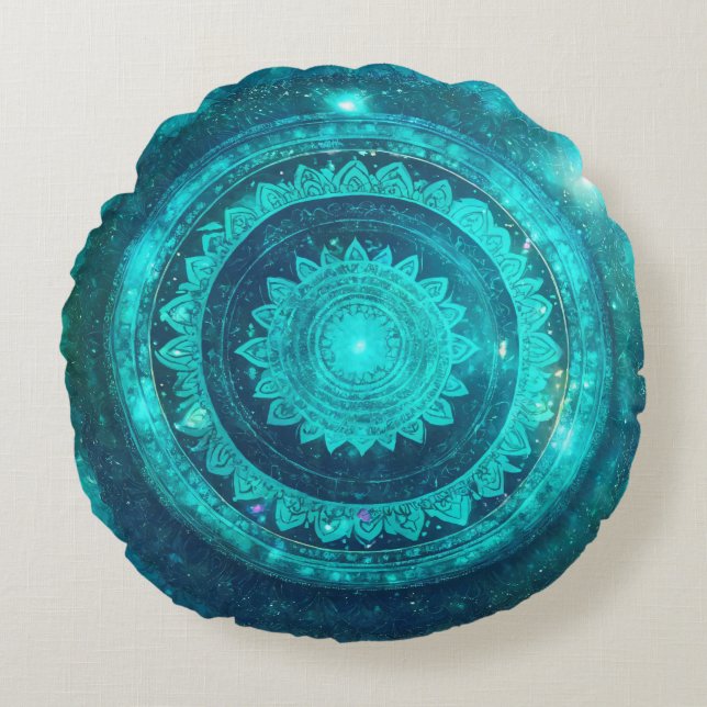 Strupchakra Turkos Mandala Meditation Rund Kudde (Framsidan)