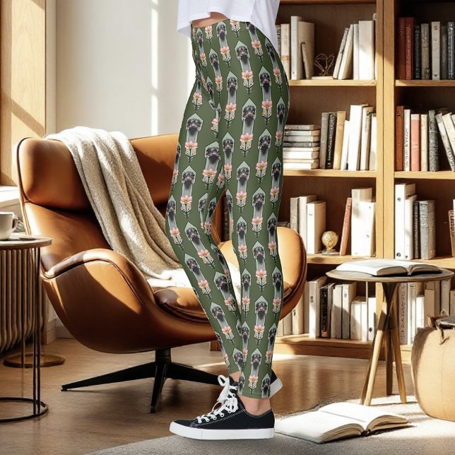 Struts Rosa  Blommor Olivgrön Art Deco Leggings (Skapare uppladdad)