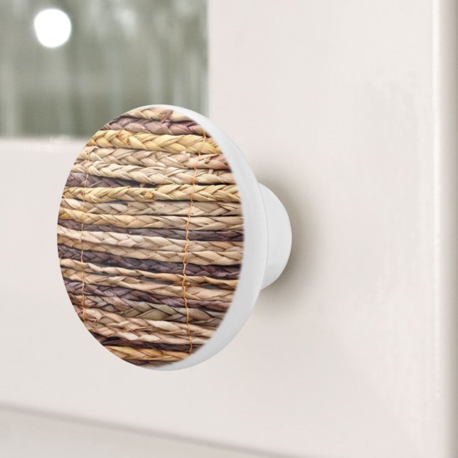 Struttorkad vekwicker från tropiska öar stil knopp (tropical island style beach rustic woven wicker ceramic knob)