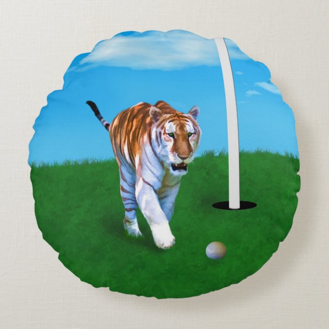 Stryka omkring tiger- och golfbollanpassade rund kudde (Framsidan)