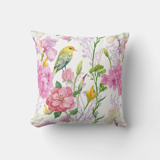 Strykar, Hydrangeas, Bird, Grey Blommigt Pillow Kudde (Framsida)
