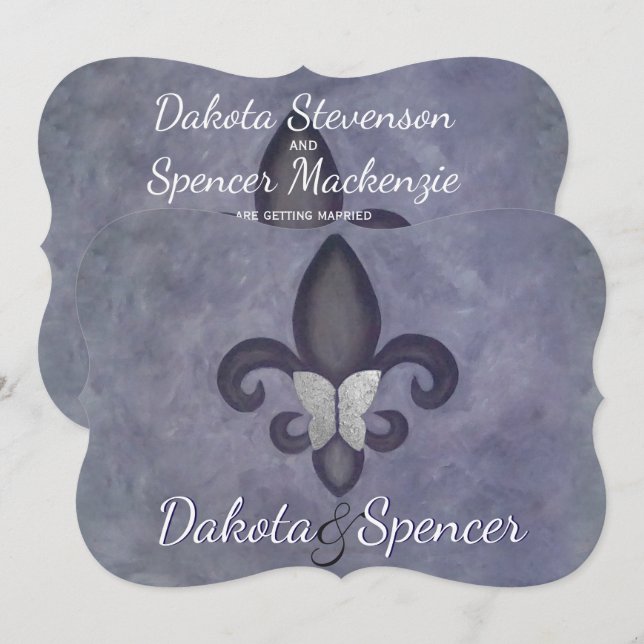 Stubborn Lila Fleur de Lis Silver Butterfly Inbjudningar (Fram/baksida)