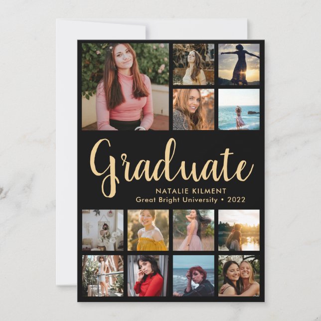 Student 14 Photo Collage Black & Guld Studenten Inbjudningar (Framsida)