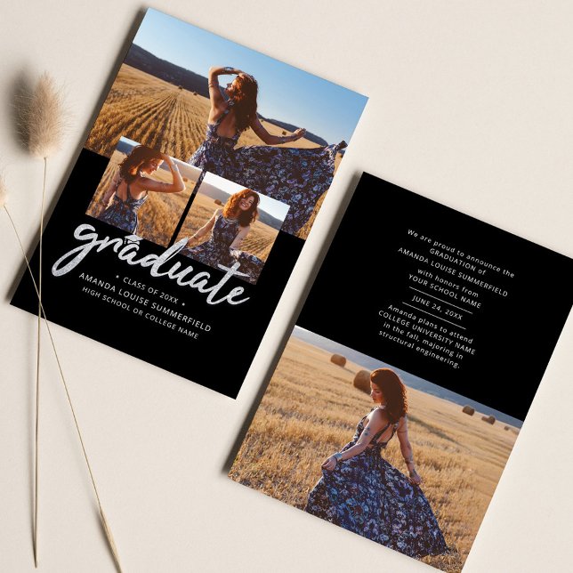 Student 2025 Black Script Grad Photo Collage Meddelande (Graduate Photo Collage Modern Graduation Announcement)