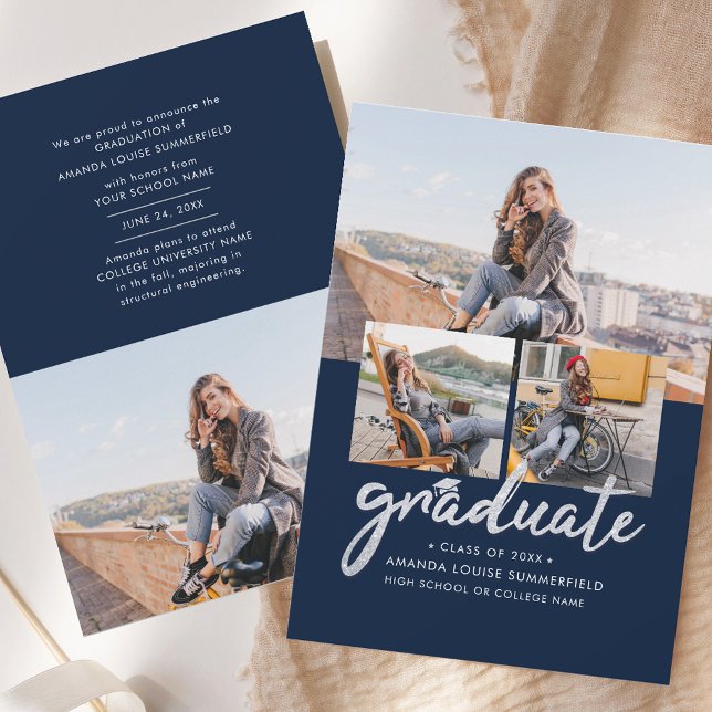 Student 2025-skriptfotokollage meddelande (Graduate 2025 Script Photo Collage Navy Blue Grad Announcement)