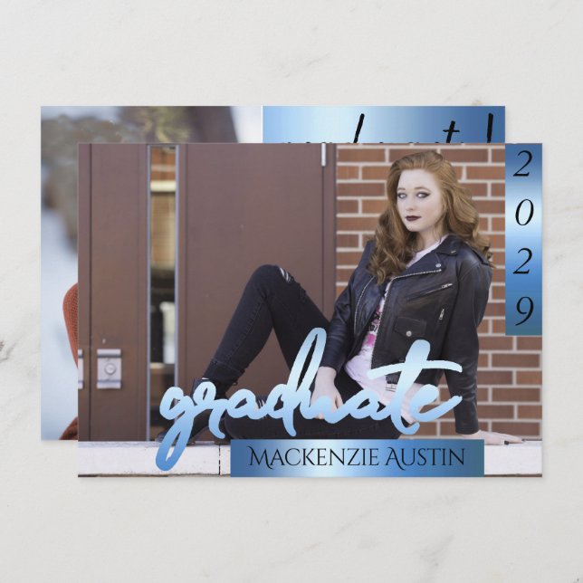 Student 2-foto | Blåskript, Coola, penselnyckel Inbjudningar (Fram/baksida)