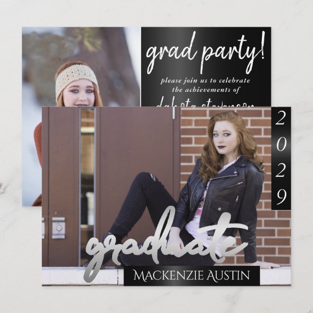 Student 2-foto | Chic Skriptren är enkla Inbjudningar (Fram/baksida)