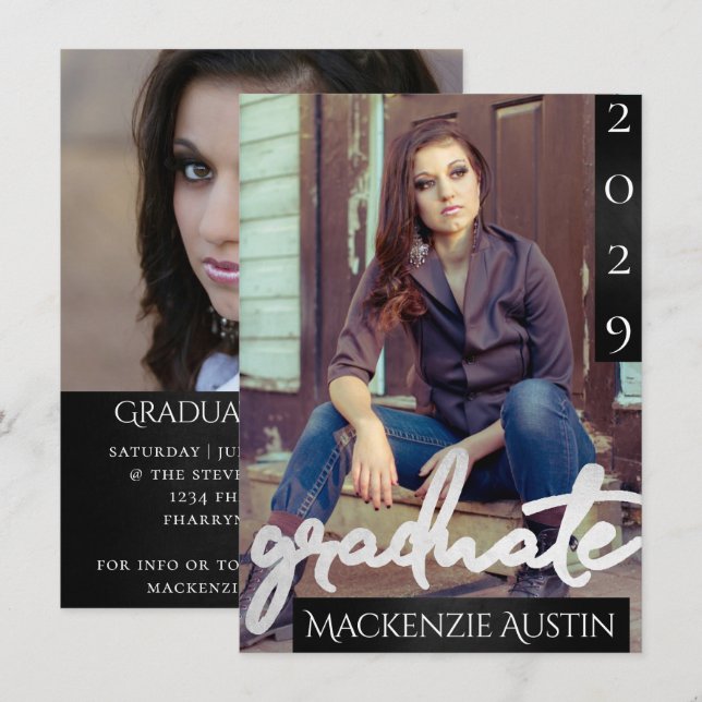 Student 2-foto | Chic Skriptren är enkla Inbjudningar (Fram/baksida)