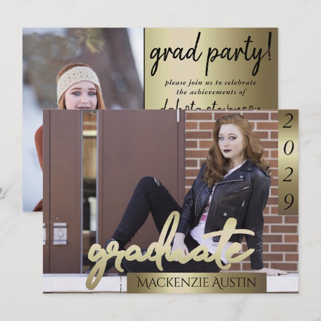 Student 2-foto | Guld Script Elegant Grad Inbjudningar (Fram/baksida)