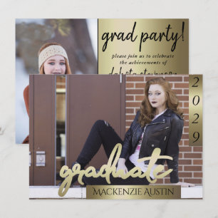 Student 2-foto Guld Script Elegant Grad Inbjudningar