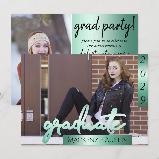 Student 2-foto | Ljust grönt pensel för munstycke Inbjudningar (Fram/baksida)