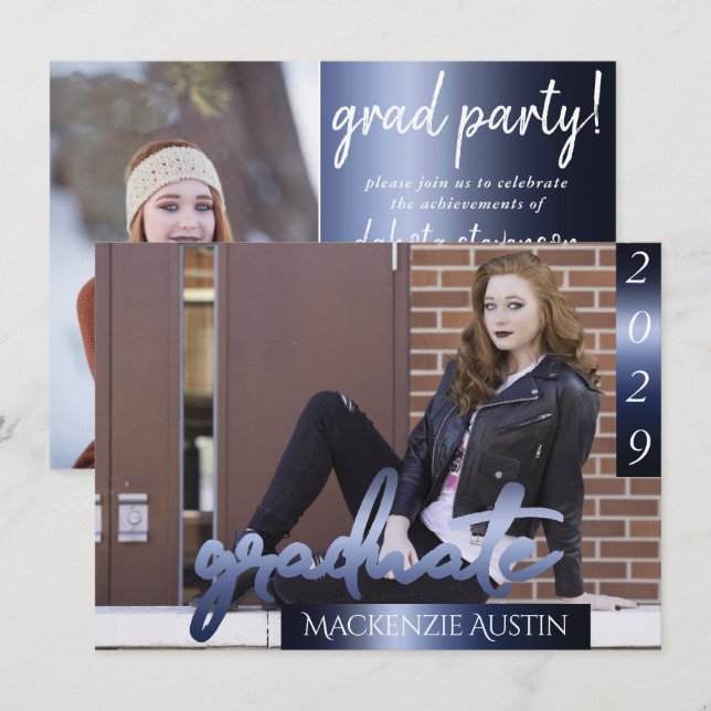 Student 2-foto | Mörk blått nyckelnamn för markt s Inbjudningar (Fram/baksida)