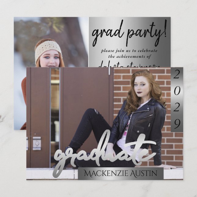 Student 2-foto | Silver Script-pensel Studenten Inbjudningar (Fram/baksida)