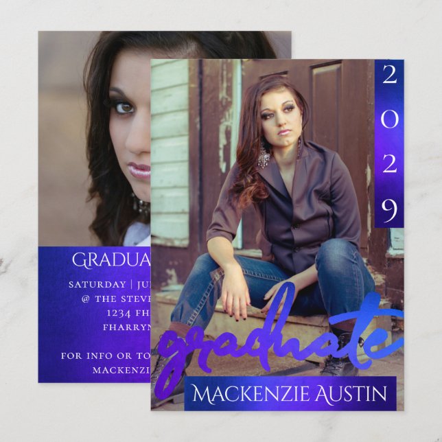 Student 2-foto | Sjöjungfru Ombre Blue Grönt Party Inbjudningar (Fram/baksida)