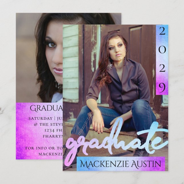 Student 2-foto | SkriptSjöjungfru Ombre Keepsaké Inbjudningar (Fram/baksida)