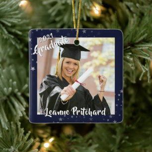 Student 2 Photo Navy Blue Stars Push-skript Julgransprydnad Keramik