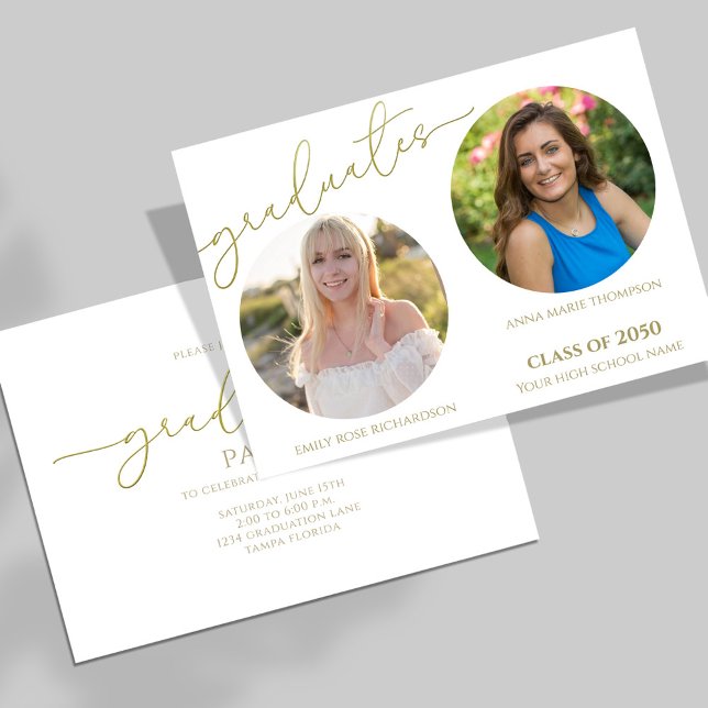 Student 2 Photo Simple Snyggt Guld Dubbla Inbjudningar (Graduation double party invitation with gold calligraphy script.)