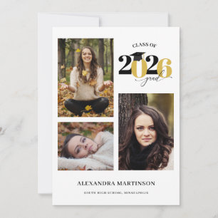 Student 3 Photos Collage Guld, klass 2025 Inbjudningar