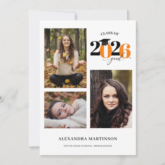 Student 3 Photos Collage Orange Class of 2023 Inbjudningar (Framsida)