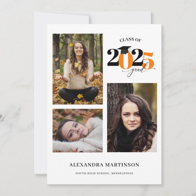 Student 3 Photos Collage Orange Class of 2023 Inbjudningar (Framsida)