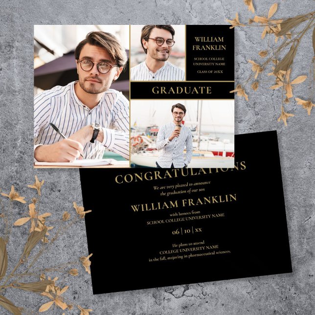 Student Black and Guld 3 Photo Collage Studenten Meddelande (Graduate Black And Gold 3 Photo Collage Graduation Announcement)