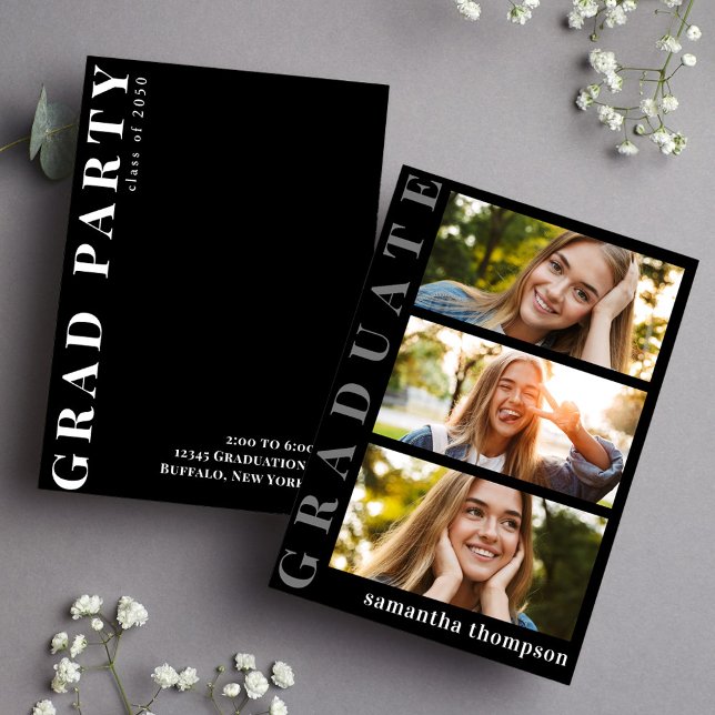 Student Black and White Modern Minimalist Photo Meddelande (Graduation black and white modern announcement with three photo templates. )