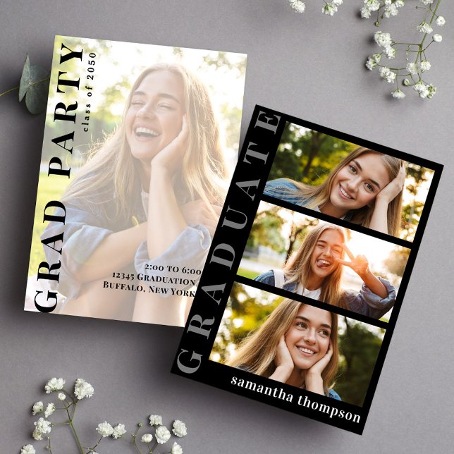 Student Black and White Modern Minimalist Photo Meddelande (Graduate black and white typography invitation with a tfour-photo collage template. )