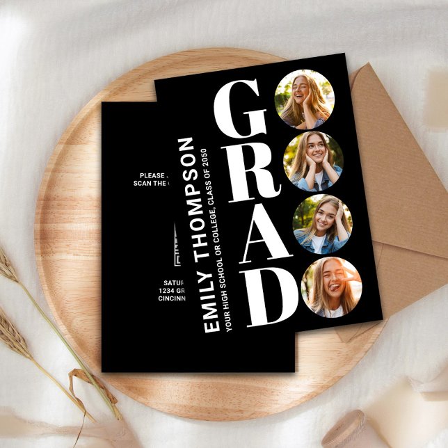 Student Black and White Photo Collage Anpassningsb Inbjudningar (Graduate "GRAD" typography photo collage invitation announcement. )