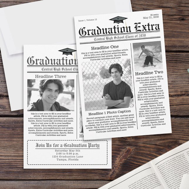 Student Black and White Photo Collage Newspaper Inbjudningar (Graduation photo invitation announcement with unique Newspaper print template. )