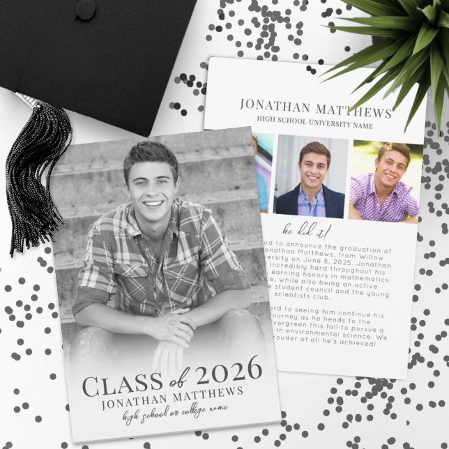 Student Black White Male Photo Studenten Meddelande (Graduate Black White Male Photo Graduation Announcement)