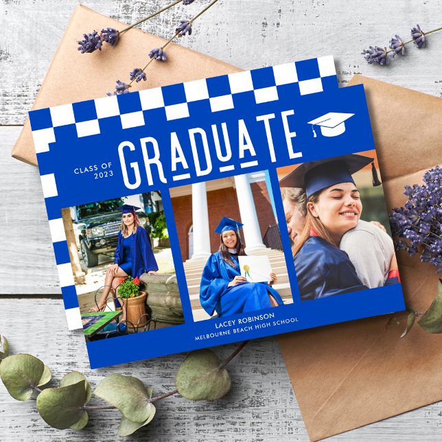 Student Blue 3 Photo Studenten (Graduate Blue 3 Photo Graduation Announcement)