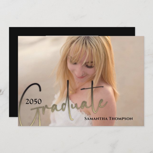 Student Calligraphy Script Black Guld Two Photo Inbjudningar (Fram/baksida)