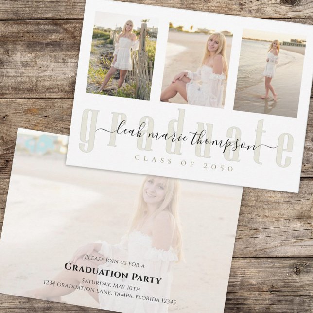 Student Calligraphy Script Guld Simple Four Photo Inbjudningar (Graduation photo collage graduate typography invitation announcement. )