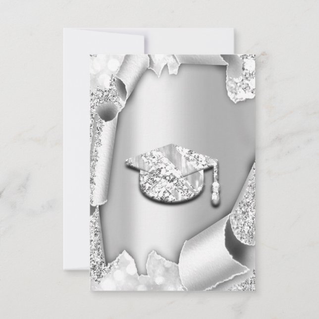 Student CAP Bachelorette 3d Glitter Silver Grått Inbjudningar (Baksida)