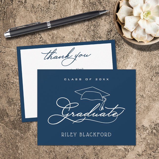 Student Cap Navy Blue Anteckningskort (Graduation cap on navy blue flat thank you note cards have room for your message on the back.)