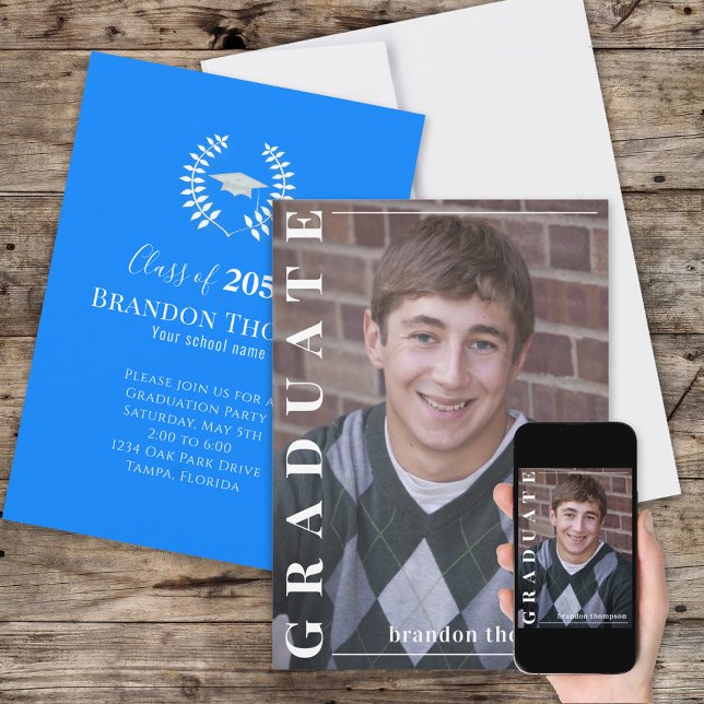 Student Classic Photo Simple Laureate Azure Blue Inbjudningar (Skapare uppladdad)