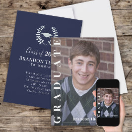 Student Classic Photo Simple Navy Blue Laureate Inbjudningar